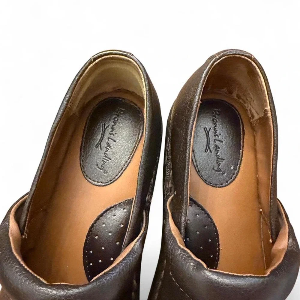 Browns Landing Womens Leather Clogs Brown Pebbled Slip On Platform Shoes 8.5